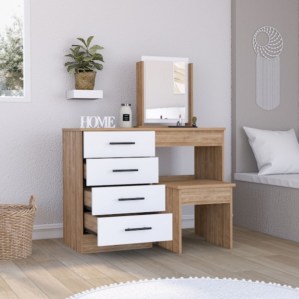 Tuhome Kaia Makeup Dressing Table, Four Drawers, One Mirror, Stool, Pine/White TMB7906 - main